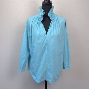 A Shirt Thing Penelope Top Aqua Ruffle Neck Long Sleeves Pullover Blouse Tunic L